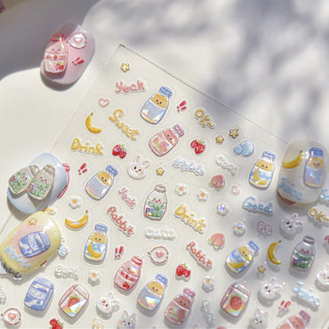 Cute Bowknot Rabbit Fruit Juice Beverage Drink Strawberry Peach Banana Adhesive Nail Art Decoration Stickers Manicure Decals (ONLINE ORDER ONLY)