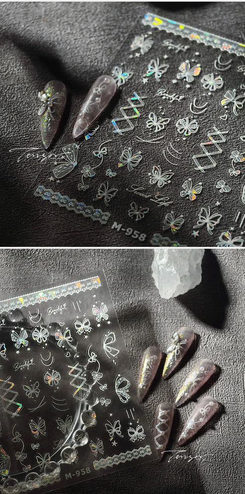 Shiny Butterfly Lace Line Bowknot Silk Ribbon Star Love Heart Fantasy Delicate Chic Adhesive Nail Art Stickers Manicure Decals (Online Order Only)