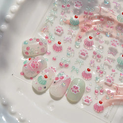 Lovely Green Pink Cherry Pudding Claw Paw Love Heart Bowknot Soft Embossed Reliefs Adhesive Nail Art Stickers Manicure Decals (ONLINE ORDER ONLY)