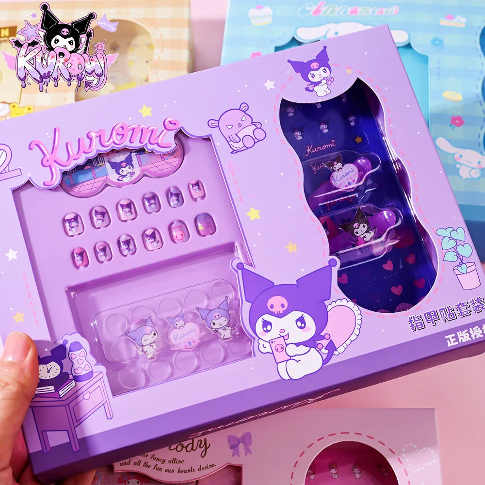 1Set(12Pcs+Jelly Glue+Stickers+Hairpin) Children Acrylic Fake Nails Kuromi Mymelody Cinnamoroll Fake Nails Non-Toxic Kid Gifts * (Online Order Only)