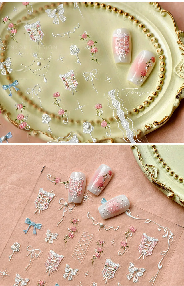 Retro Lace Corset Laced Bodice Wrap Top British Classical Dress Bowknot Rose Star Key Adhesive Nail Art Sticker Manicure Decals (ONLINE ORDER ONLY)