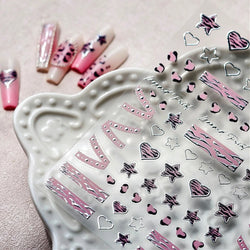 Punk Pink Leopard Print Love Heart Stars Bowknot Cool Girl 5D Self Adhesive Nail Art Stickers Ribbon Manicure Decals Wholesale (ONLINE ORDER ONLY)