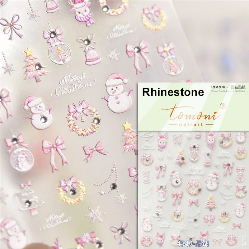 Black White Christmas Tree Snowflake Bowknot Snowman Socks Star Santa Hat Deer Rhinestone Winter Nail Art Sticker Manicure Decal (Online Order Only)
