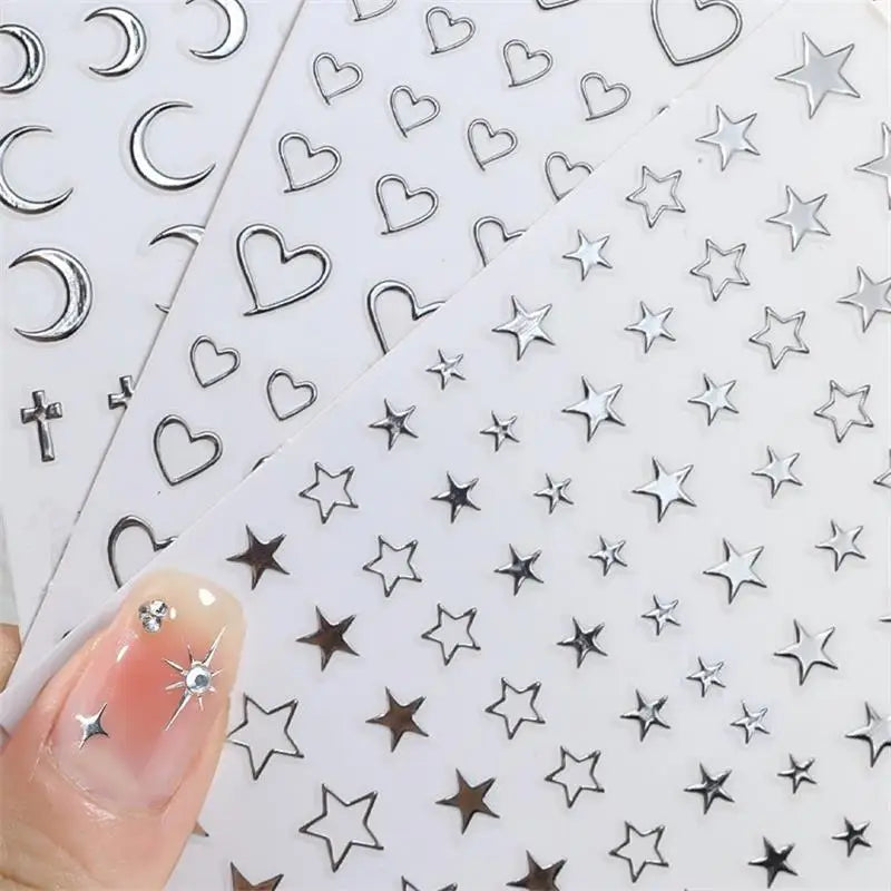 6pcs Mirror Silver Star 3D Nail Sticker Holographic Heart/Moon/Cross Design Self-Adhesive Decal Manicure Art Supplies Decoration (ONLINE ORDER ONLY)