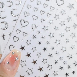 6pcs Mirror Silver Star 3D Nail Sticker Holographic Heart/Moon/Cross Design Self-Adhesive Decal Manicure Art Supplies Decoration (ONLINE ORDER ONLY)