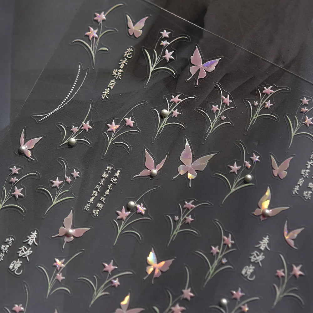 Vigorous Pink Orchid Cymbidium Antique Fragrant Thoroughwort Grass Butterfly Adhesive Nail Art Sticker Plant 3D Manicure Decals (ONLINE ORDER ONLY)