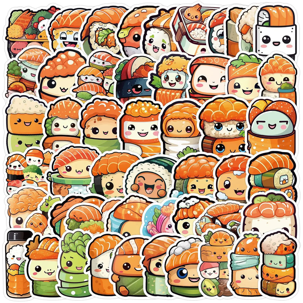 50pcs Kawaii Sushi Cartoon Stickers for Helmet, Wall, DIY Decoration (Online Order Only)