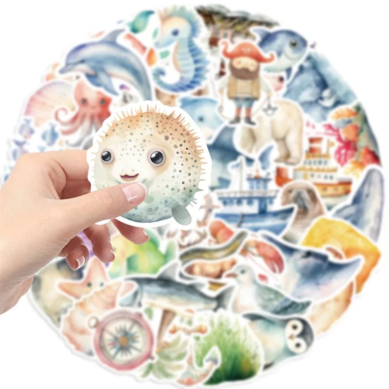 10/30/50PCS Fresh Sea Animal PVC Sticky Sticker Aesthetic DIY Korean Stationery Decoration Scrapbooking School Supplies for Kids (Online Order Only)