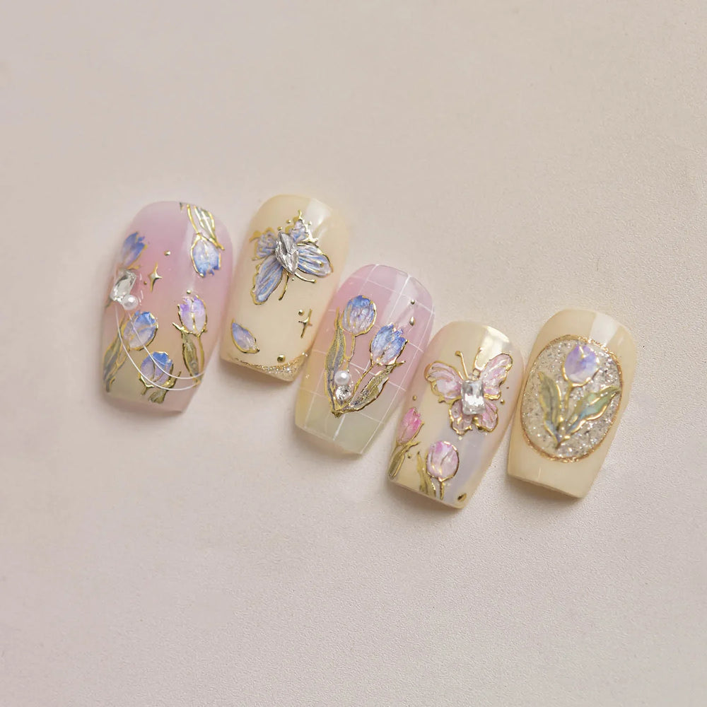Delicate Dreamy Petal Star Tulip Flower Purple Bowknot Butterfly Illusion Chic Relief Adhesive Nail Art Stickers Manicure Decals (Online Order Only)