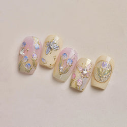 Delicate Dreamy Petal Star Tulip Flower Purple Bowknot Butterfly Illusion Chic Relief Adhesive Nail Art Stickers Manicure Decals (Online Order Only)