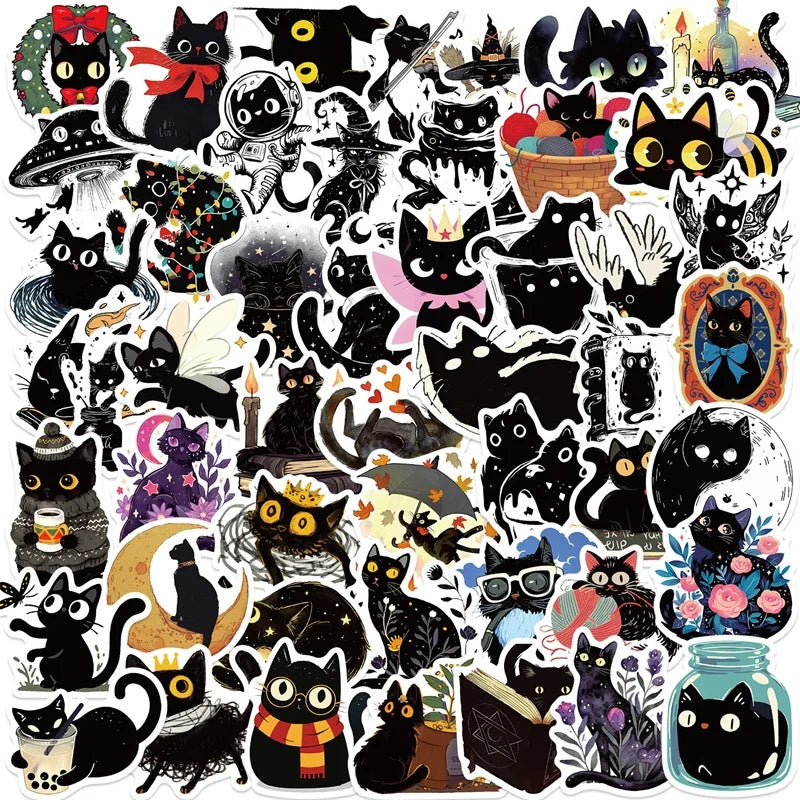 10/30/50PCS Cartoon Black Star Cat PVC Sticky Sticker Aesthetic DIY Stationery Decoration Scrapbooking School Supplies for Kids (ONLINE ORDER ONLY)