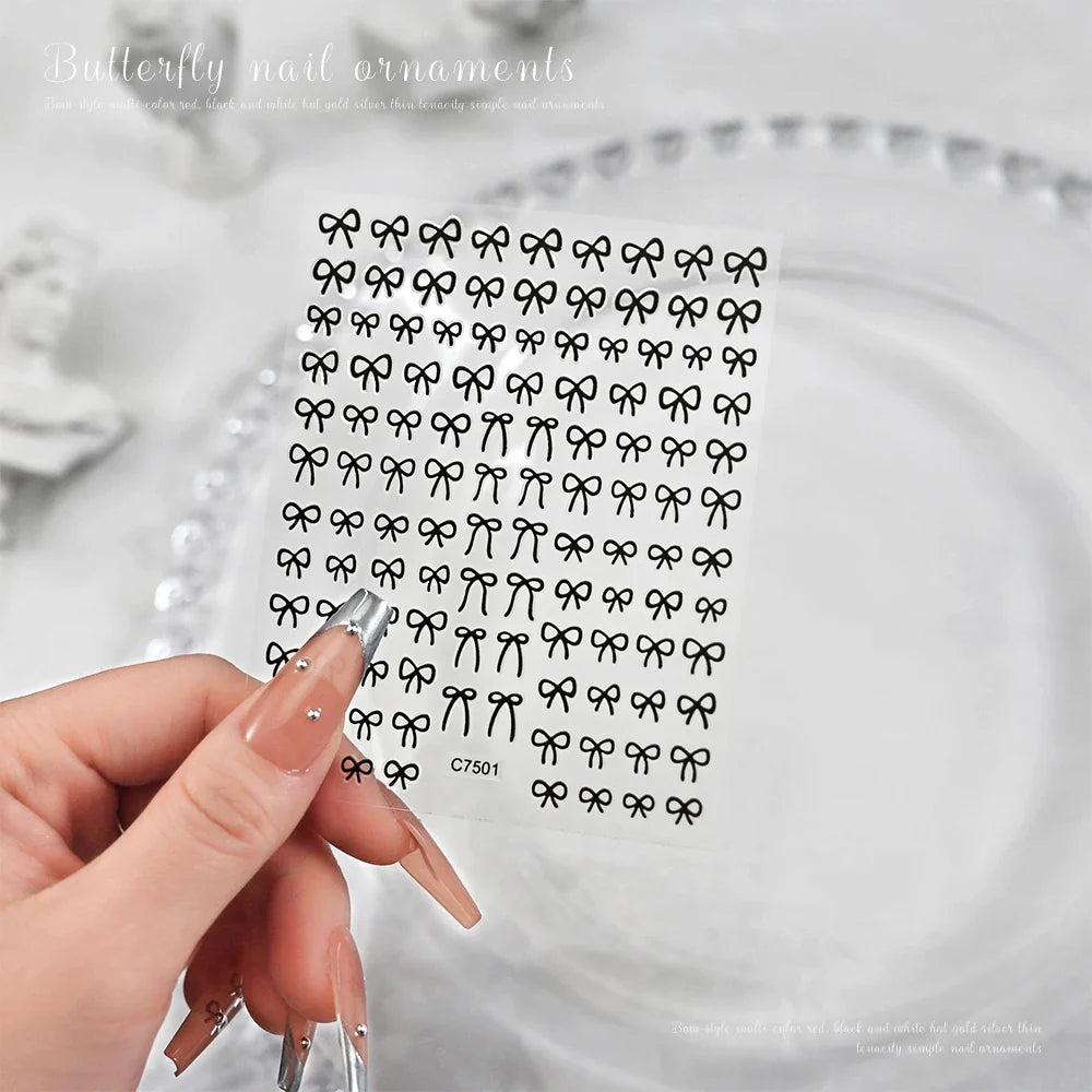 6pcs/Set Lovely Line Bowknot Nail Sticker Gold Silver Black White Pink Red Bow Tie Mini Bowknot 3D Self Adhesive Manicure Decals (ONLINE ORDER ONLY)