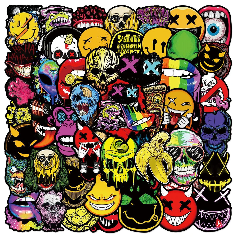 50Pcs Cool Horror Skull Stickers Waterproof for Phone Skateboard Guitar Laptop Car Motorcycle Helmet Decals Graffiti Toys (ONLINE ORDER ONLY)