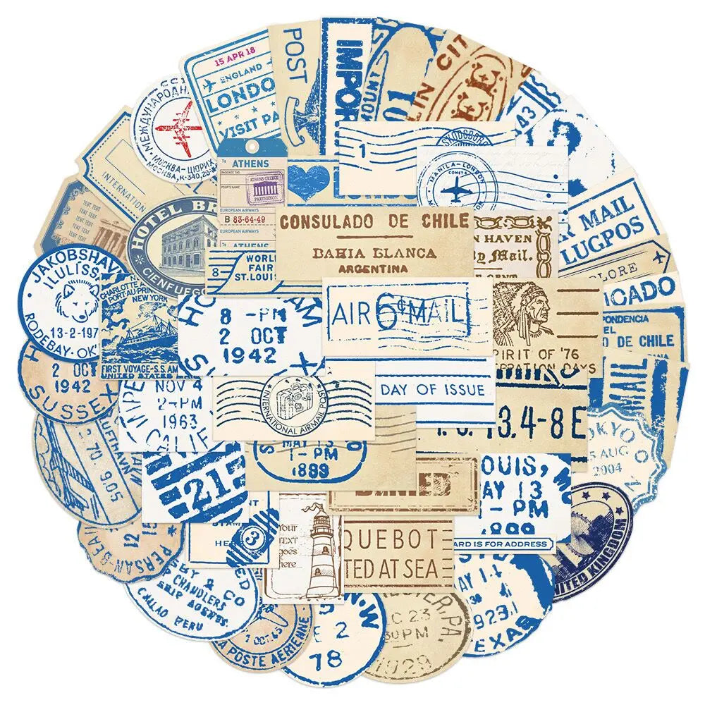 10/50pcs Mixed Postmark Stamp Stickers Vintage Travel Decals DIY Skateboard Guitar Motorcycle Luggage Waterproof Cool Sticker (Online Order Only)