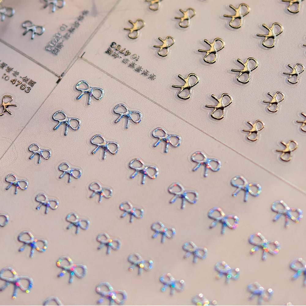 Shiny Pink Silver Gold Bowknot Tie Line Mini Delicate 3D 5D Self Adhesive Nail Art Stickers Embossment Rhinestone Manicure Decal (Online Order Only)