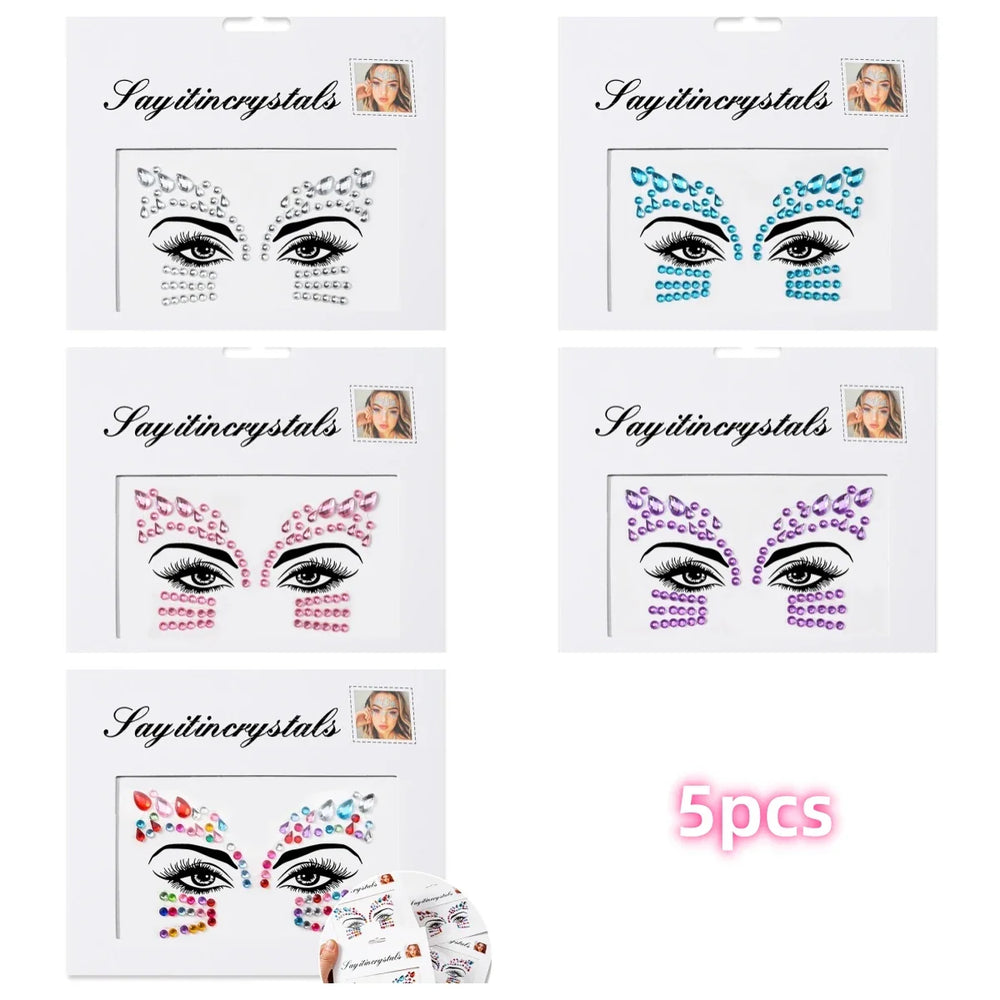 5Pcs Coloful Glitter Face Jewelry Sticker Crystal Eye Body Face Jewels Bady Makeup Tools Temporary Self-Adhesive Nail Rhinestone (ONLINE ORDER ONLY)