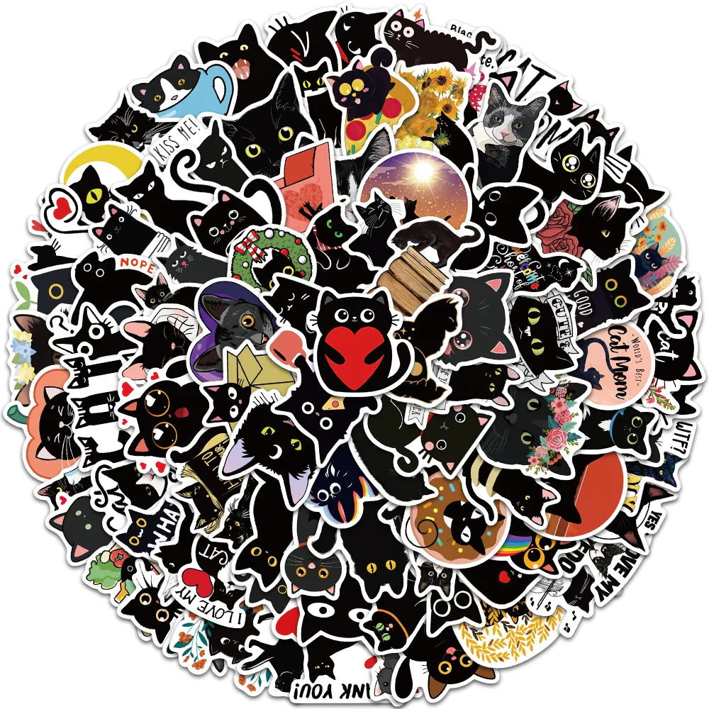 50/100pcs Cute Cartoon Black Cat Animal Stickers For Kids Waterproof Graffiti Phone Guitar Water Bottle Laptop Decals (ONLINE ORDER ONLY)