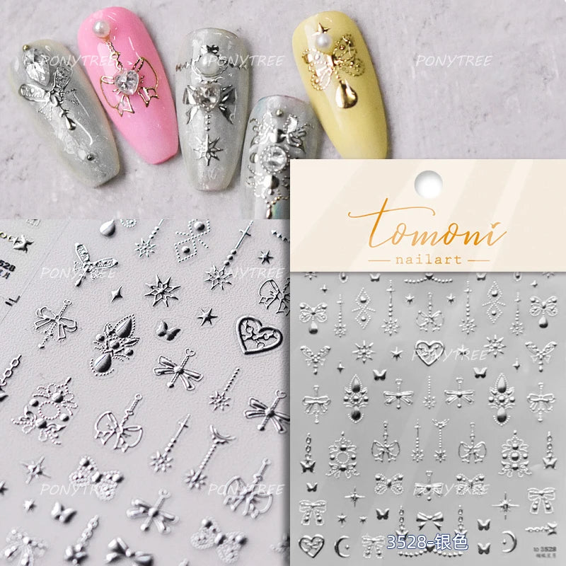 Gold Stamped Silver Totems Geometric Patterns Figure 5D Self Adhesive Nail Art Stickers Stars Bohemia Manicure Decals Wholesale (Online Order Only)