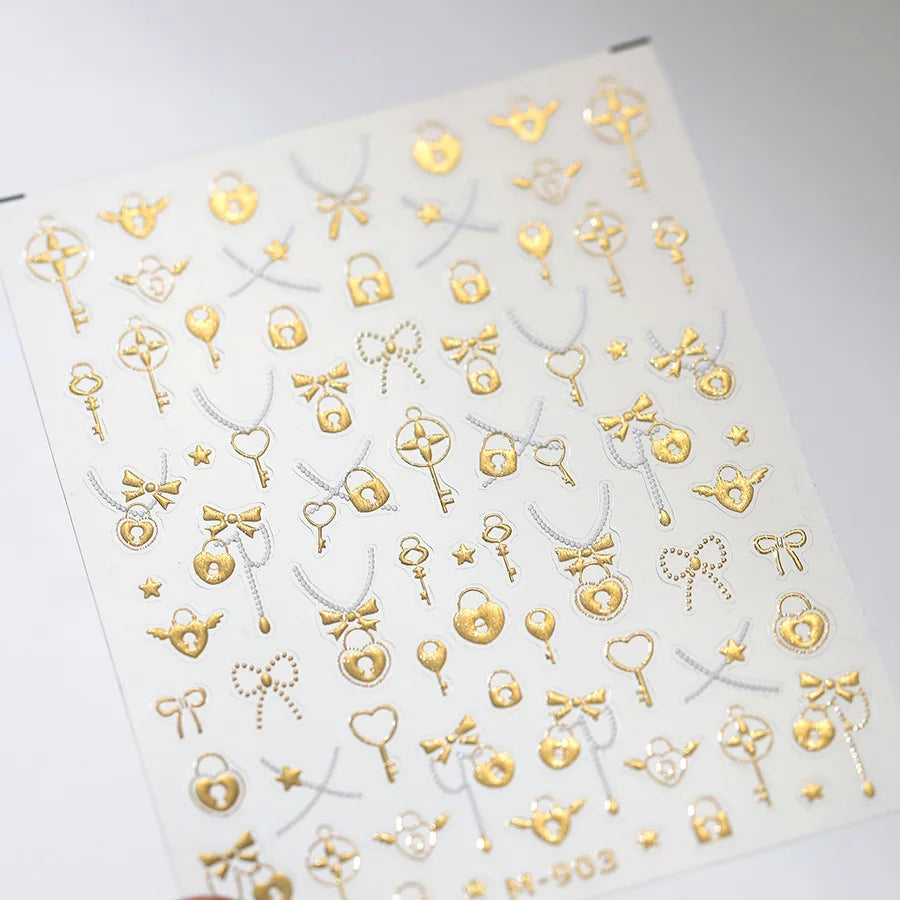 Black Silver Gold Dark Rococo Line Bowknot Wing Key Love Lock Star Tassel Pendant Heart Adhesive Nail Art Sticker Manicure Decal (ONLINE ORDER ONLY)