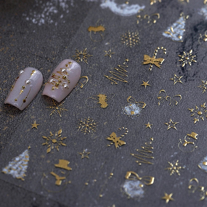 Hot Stamping Christmas Tree Bell Bowknot Cane Snowman Star Adhesive Nail Art Stickers Snowflake Glitter Powder Manicure Decals (ONLINE ORDER ONLY)