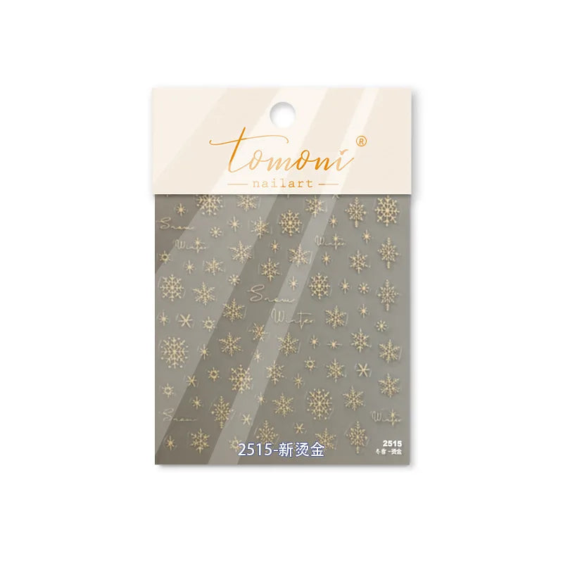 Hot Stamping Romantic White Gold Snowflakes Hexagon Winter 3D Self Adhesive Nail Art Stickers Shiny Rhinestone Manicure Decals (Online Order Only)
