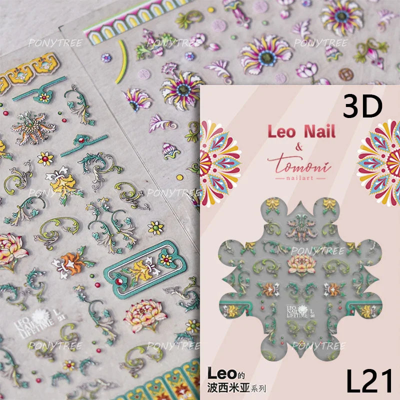 Pink Blue Yellow Embroidery Totems Geometric Floral Pattern Flower 5D Embossed Nail Art Stickers Bohemian Style Manicure Decals (ONLINE ORDER ONLY)