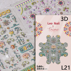 Pink Blue Yellow Embroidery Totems Geometric Floral Pattern Flower 5D Embossed Nail Art Stickers Bohemian Style Manicure Decals (ONLINE ORDER ONLY)