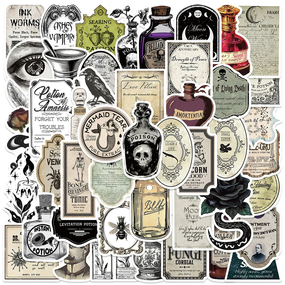 50/100pcs Retro Gothic Apothecary Potion Label Stickers Water Bottle Laptop Stickers Luggage Notebook Skateboard Vinyl Decals (ONLINE ORDER ONLY)