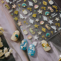 Hot Stamping Seahorse Dolphin Shell Conch Starfish Coconut Tree Jackfruit Water Bubbles Ocean Nail Art Stickers Manicure Decals (ONLINE ORDER ONLY)