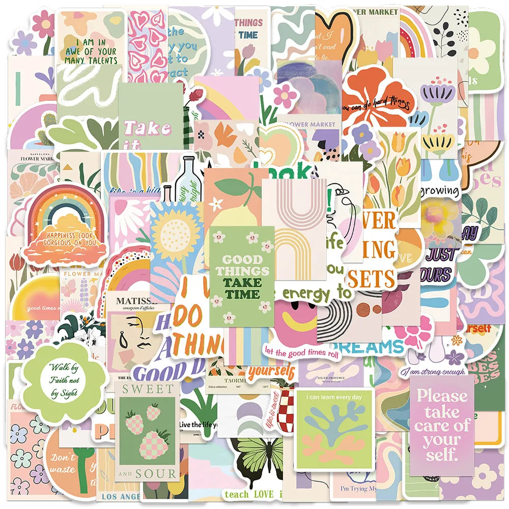 50/100pcs Cute Cartoon Aesthetic Flowers Danish Pastel Stickers Water Bottle Decals Laptop Luggage Skateboard Vinyl Car Stickers (Online Order Only)