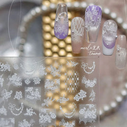 Dreamy Lace Rose Flower Fabric Art Tender Gauze Gird Pearl Pendant Irregular Pattern Nail Art Stickers Decoration Manicure Decal (ONLINE ORDER ONLY)