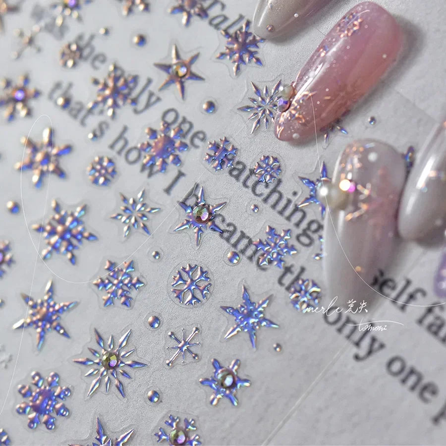 Winter Christmas Crystal Delicate Hexagon Romantic Laser Silver Chic Snowflakes Self Adhesive Nail Art Sticker 5D Manicure Decal (ONLINE ORDER ONLY)