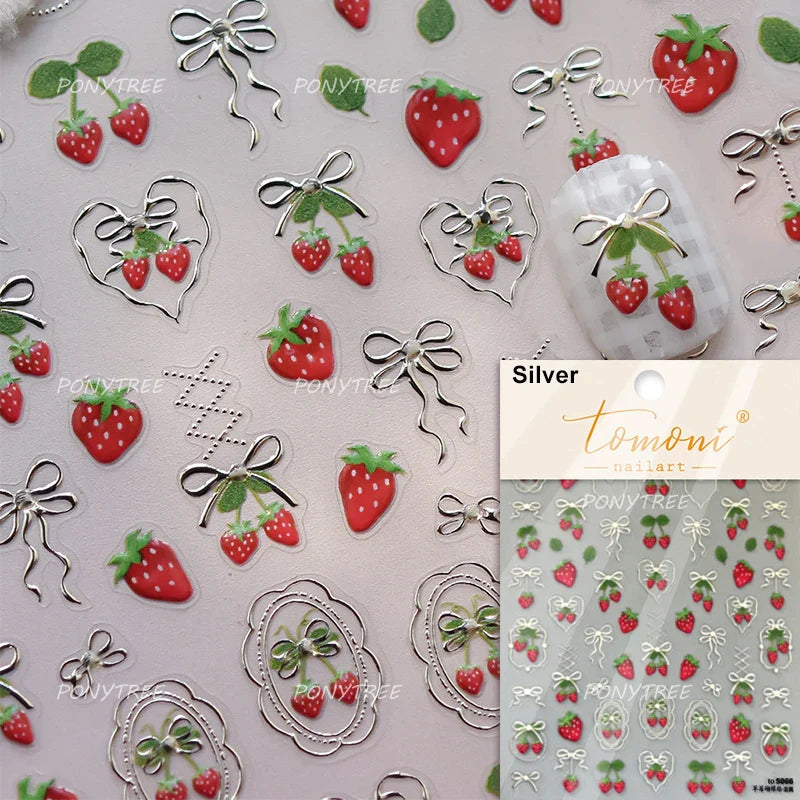 Pink Juicy Strawberry Fruit Cutting Line Ribbon Bowknot Star Happy Sweet Lovely Fruits Delicate Nail Art Stickers Manicure Decal (ONLINE ORDER ONLY)