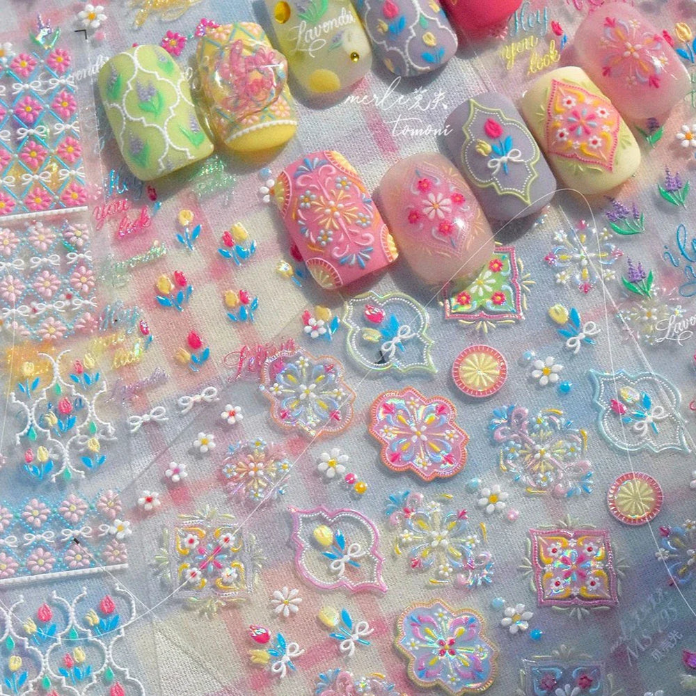 Chic Lavender Tulip Flower Bowknot Totem Center Symmetric Pattern Daisy Line Gird Self Adhesive Nail Art Stickers Manicure Decal (ONLINE ORDER ONLY)