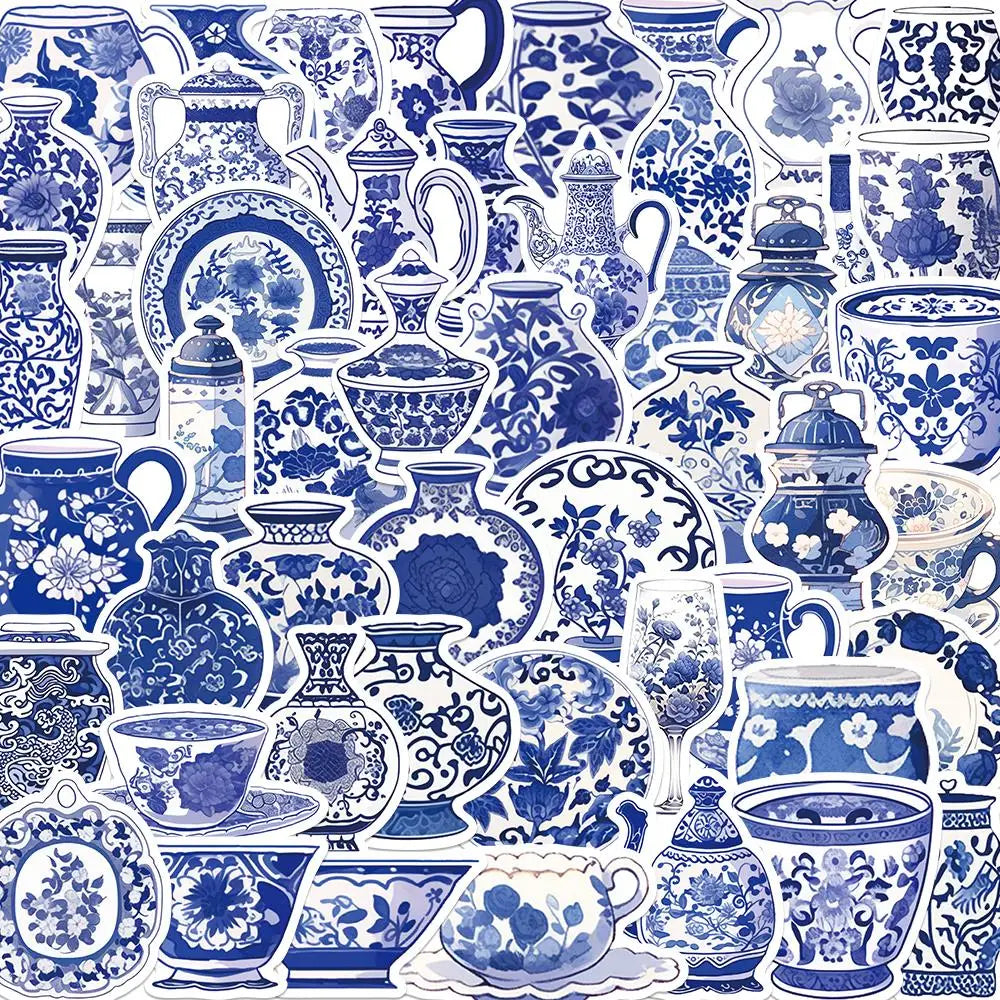 Blue White Porcelain Utensil Stickers: 10/25/50PCS Waterproof Decals for Cups, Phone, Laptop, Luggage (Online Order Only)
