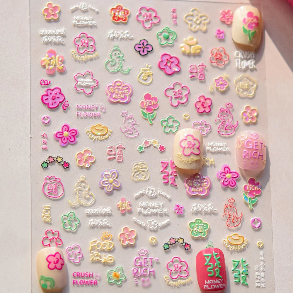 Wealthy Rich Snake Flower Coin Yuanbao Good Luck Blessing Fu Character Self Adhesive Nail Art Stickers Rhinestone Manicure Decal (ONLINE ORDER ONLY)