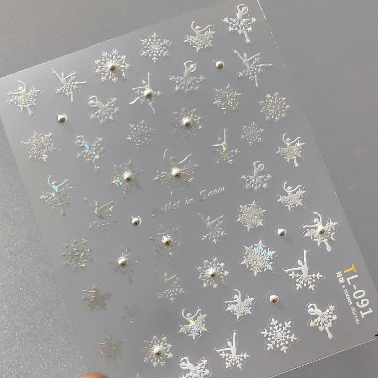 Hot Stamping Romantic White Gold Snowflakes Hexagon Winter 3D Self Adhesive Nail Art Stickers Shiny Rhinestone Manicure Decals (Online Order Only)