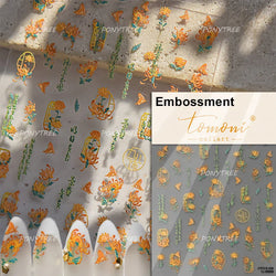 Antique Changle Flower Chrysanthemum Jade Pendant Feathers Green Leaf Adhesive Nail Art Stickers Flat Embossment Manicure Decals (Online Order Only)