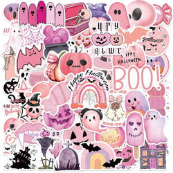 50pcs Cute Halloween Stickers for Journal, Suitcase, Skateboard, Guitar, Helmet, Car - Waterproof, Cartoon, Pink (Online Order Only)