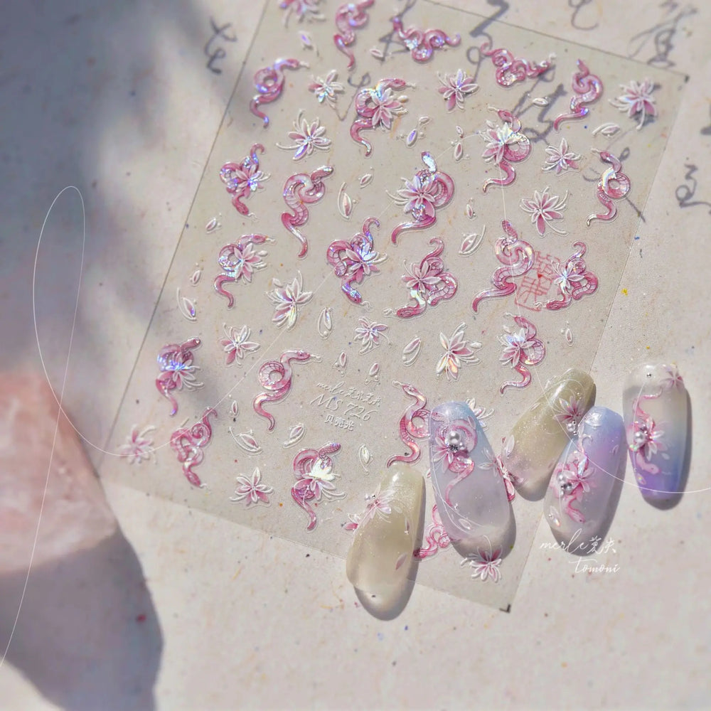 Chic Purple Serpent Flower Winding Snake Elements Shiny Dreamy Animals Self Adhesive Nail Art Sticker Embossment Manicure Decals (ONLINE ORDER ONLY)