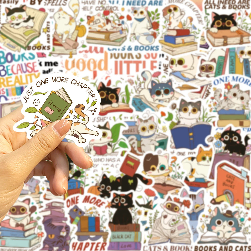 60Pcs Cat and Book with Motivational Phrase Sticker Pack DIY Scrapbook Decorative Stickers For Water Bottle Car Cup Computer (Online Order Only)