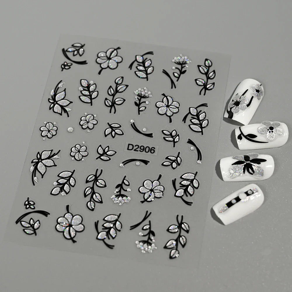 1pcs 5D Floral Nail Art Stickers Acrylic Flowers Decals with Glitter Self-Adhesive Elegant Silver Black Blossoms Theme Nail Art* (ONLINE ORDER ONLY)