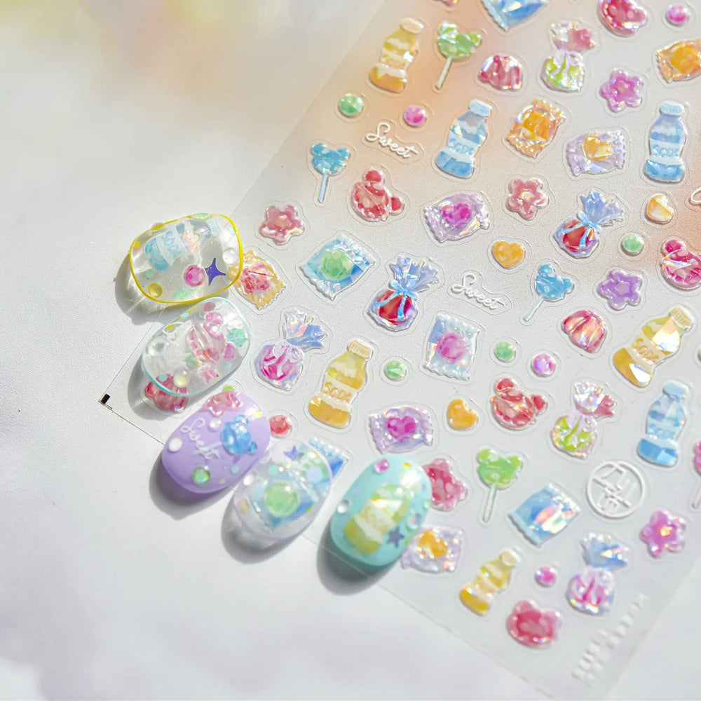 Colourful Jelly Rabbit Bunny Gummy Bear Cute Lollipop Soda Water Candy Snack Pudding Star Heart Nail Art Stickers Manicure Decal (ONLINE ORDER ONLY)