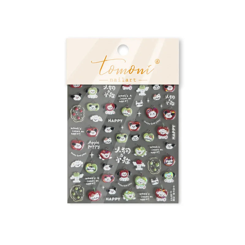 Cute Apple Fruit Dog Puppy Cat Kitten Adhesive Nail Art Sticker Charming Delicate Rhinestone Shiny Manicure Decals Nail Supplies (ONLINE ORDER ONLY)