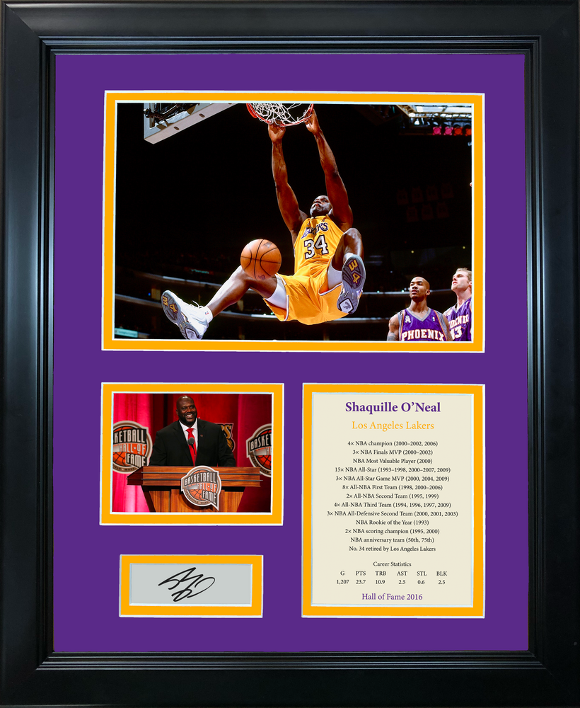 Framed Shaq Shaquille O'Neal Hall of Fame Facsimile Laser Engraved Signature Auto Los Angeles Lakers Basketball 11"x14"Photo Sig Collage (ONLINE ORDER ONLY)