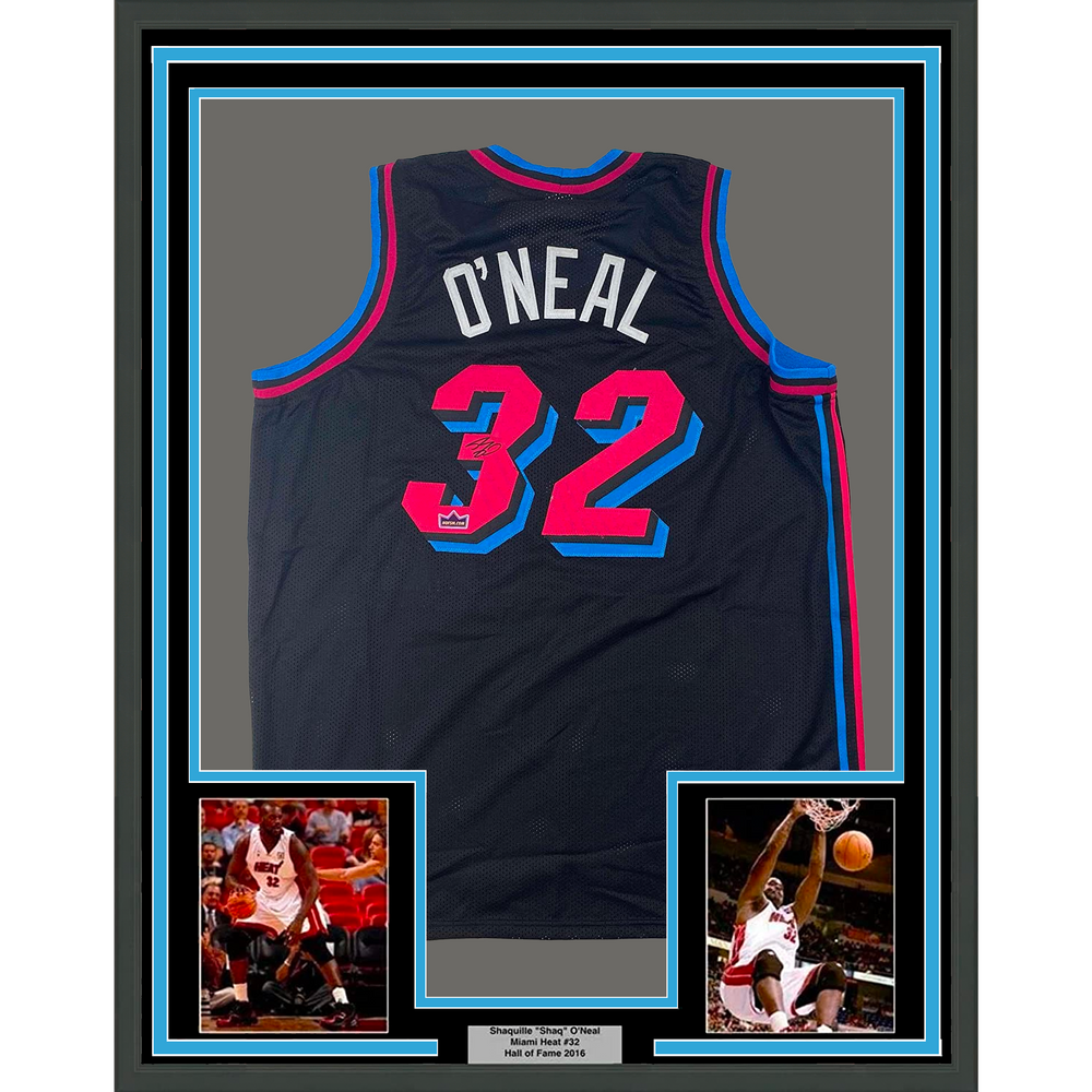 Framed Facsimile Autographed Shaquille Shaq O'Neal 35x39 Miami Black Vice City Reprint Laser Auto Basketball Jersey (ONLINE ORDER ONLY)