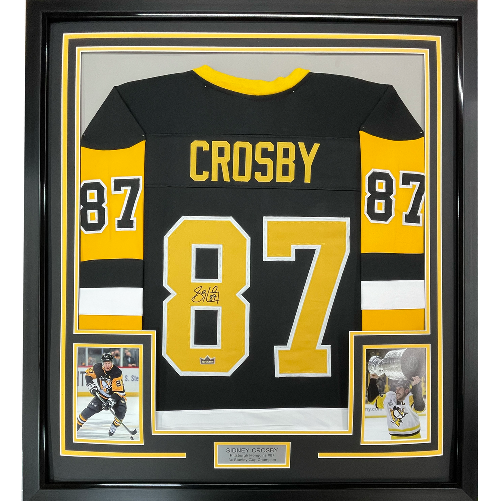 Framed Facsimile Autographed Sidney Crosby 35x39 Pittsburgh Black Reprint Laser Auto Hockey Jersey (ONLINE ORDER ONLY)