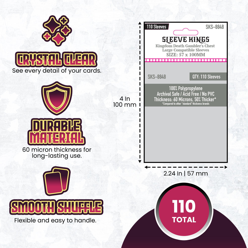 "Kingdom Death Gambler's Chest" Compatible Large Sleeves (57x100mm) 110 Pack, 60 Micron, SKS-8848