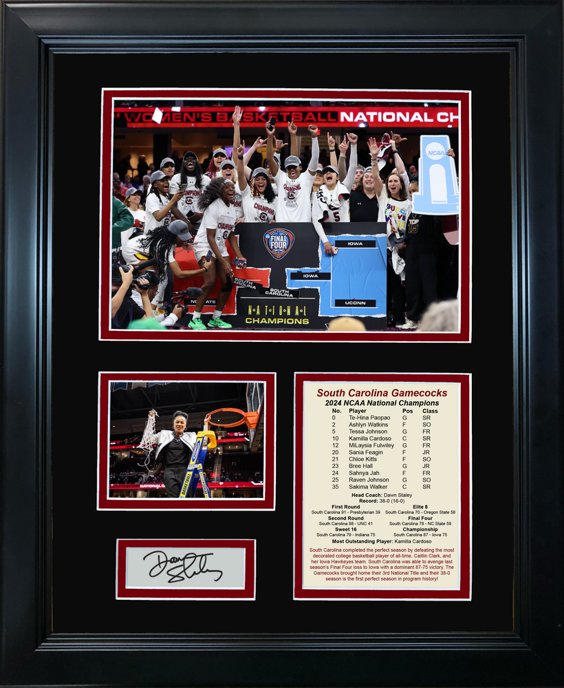 Framed South Carolina Gamecocks 2024 Women's NCAA National Champions Dawn Staley Facsimile Laser Engraved Signature Auto 11"x14" College Basketball Photo Sig Collage (ONLINE ORDER ONLY)