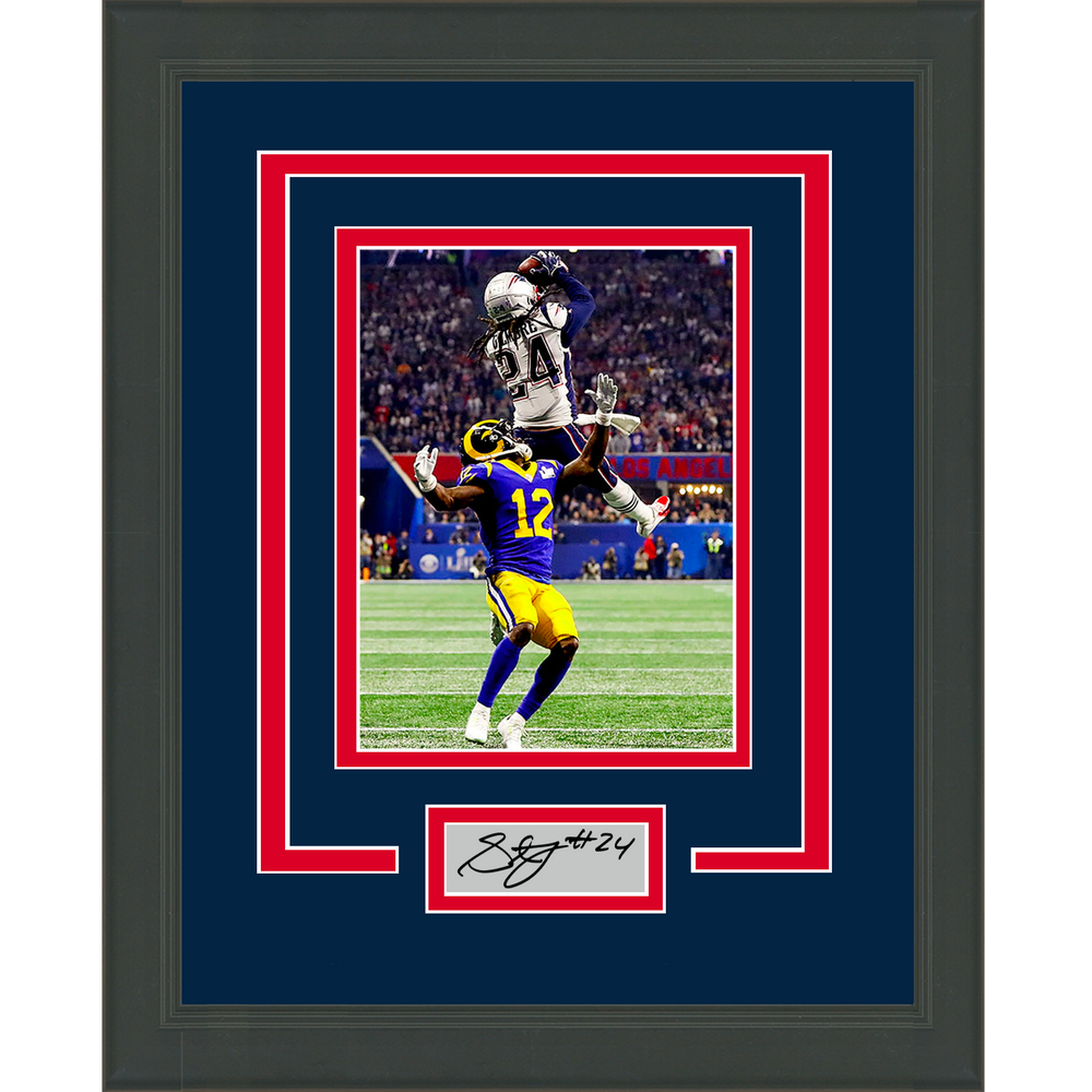 Framed Stephon Gilmore SB LIII Interception Facsimile Laser Engraved Signature Auto New England Patriots 11x14 Football Photo (ONLINE ORDER ONLY)